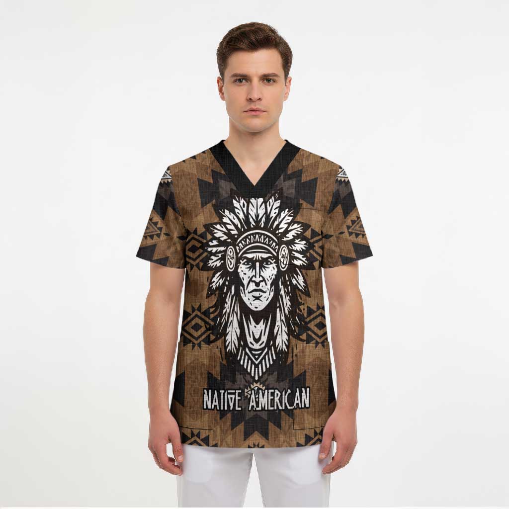 Native American Chief Warrior Scrub Top Feather Headdress and Horse Tribal Arrow Pattern - Wonder Print Shop