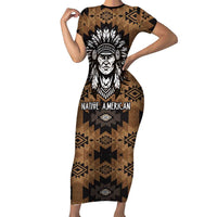 Native American Chief Warrior Short Sleeve Bodycon Dress Feather Headdress and Horse Tribal Arrow Pattern - Wonder Print Shop