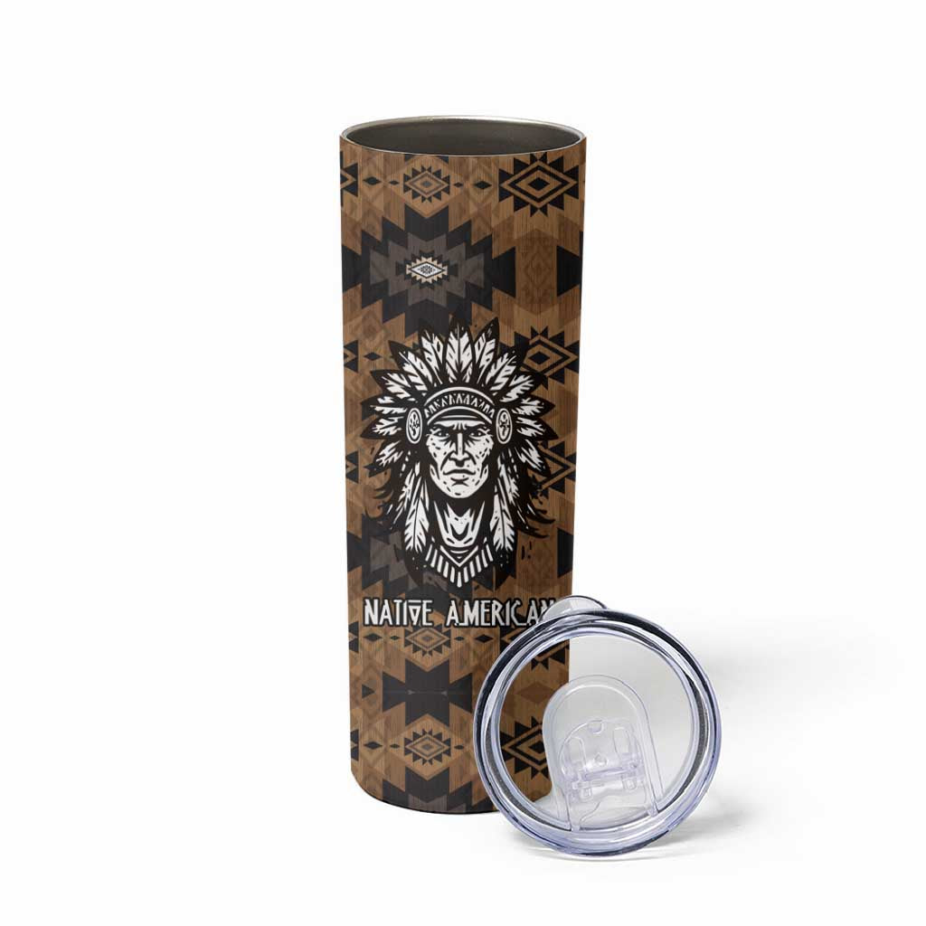 Native American Chief Warrior Skinny Tumbler Feather Headdress and Horse Tribal Arrow Pattern - Wonder Print Shop