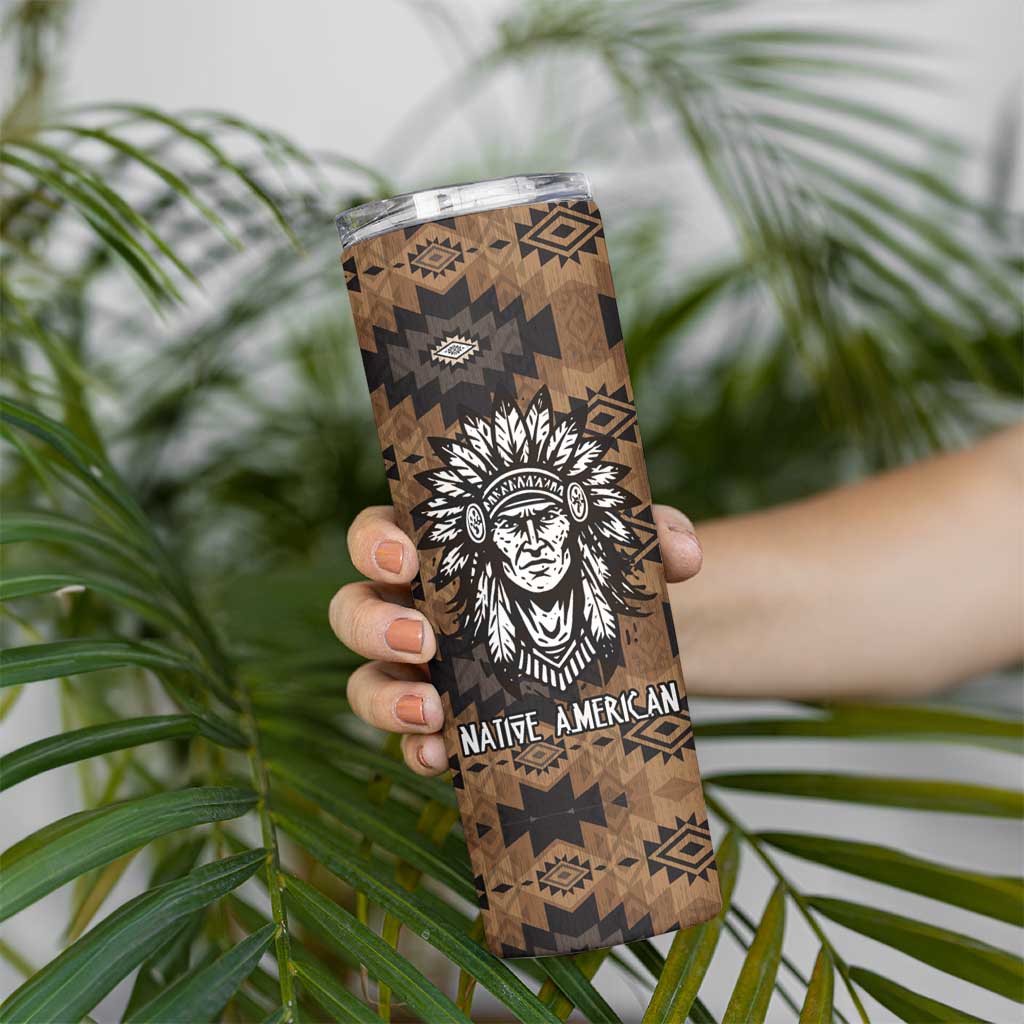 Native American Chief Warrior Skinny Tumbler Feather Headdress and Horse Tribal Arrow Pattern - Wonder Print Shop