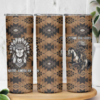 Native American Chief Warrior Skinny Tumbler Feather Headdress and Horse Tribal Arrow Pattern - Wonder Print Shop