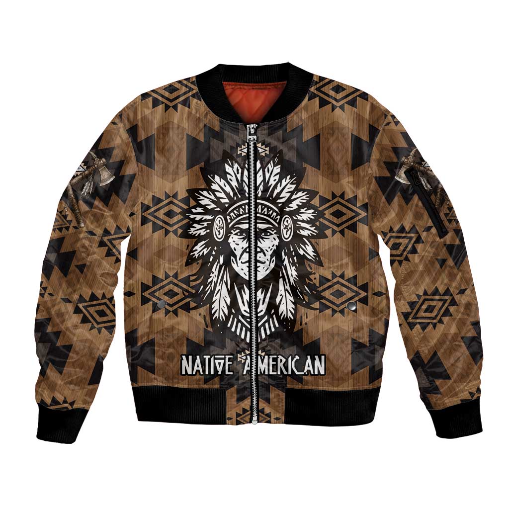 Native American Chief Warrior Sleeve Zip Bomber Jacket Feather Headdress and Horse Tribal Arrow Pattern - Wonder Print Shop
