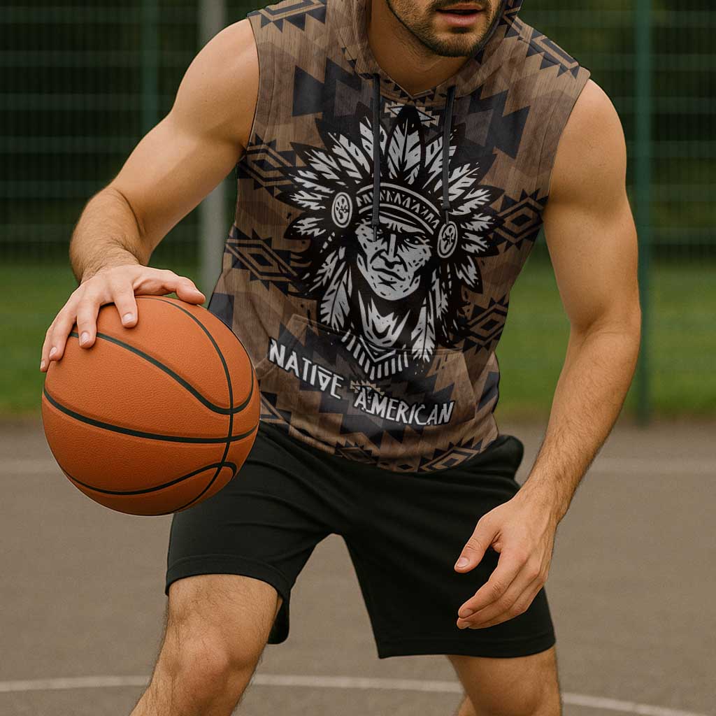 Native American Chief Warrior Sleeveless Hoodie Feather Headdress and Horse Tribal Arrow Pattern - Wonder Print Shop