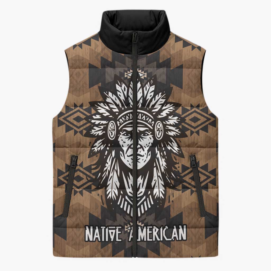 Native American Chief Warrior Sleeveless Puffer Jacket Feather Headdress and Horse Tribal Arrow Pattern - Wonder Print Shop