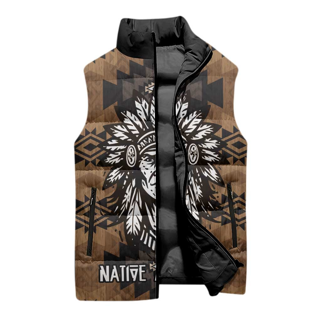 Native American Chief Warrior Sleeveless Puffer Jacket Feather Headdress and Horse Tribal Arrow Pattern - Wonder Print Shop