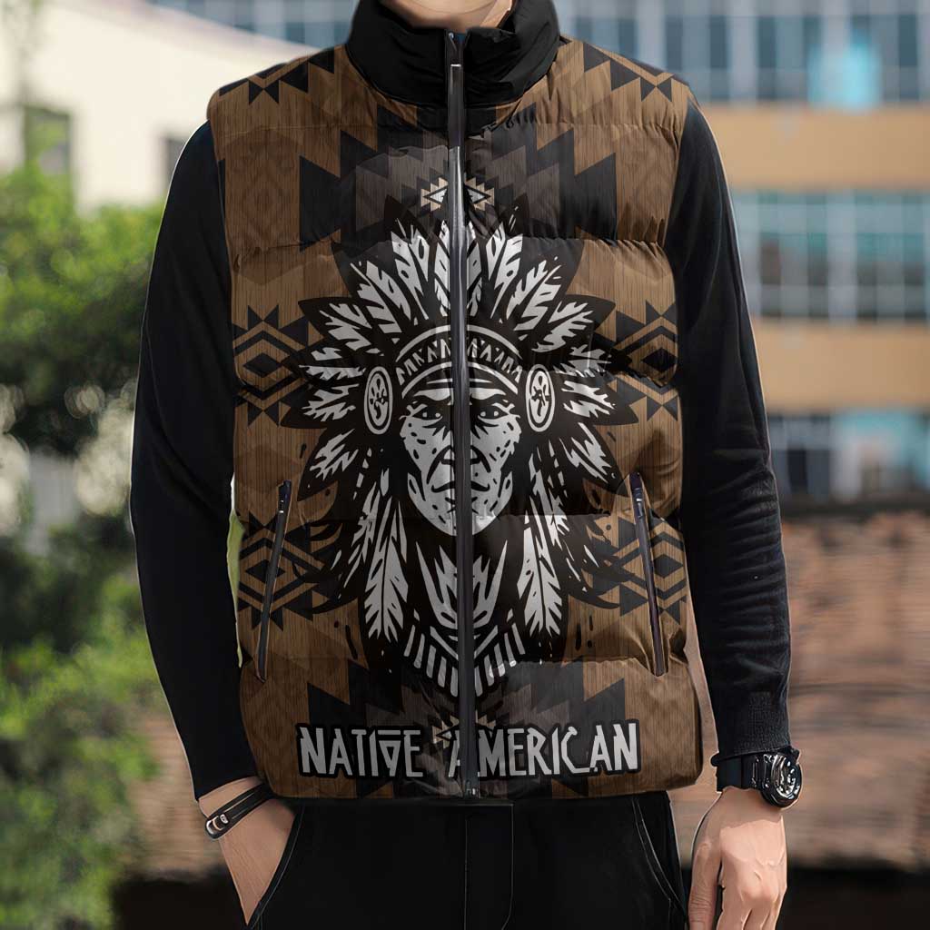 Native American Chief Warrior Sleeveless Puffer Jacket Feather Headdress and Horse Tribal Arrow Pattern - Wonder Print Shop