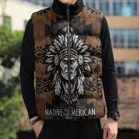 Native American Chief Warrior Sleeveless Puffer Jacket Feather Headdress and Horse Tribal Arrow Pattern - Wonder Print Shop