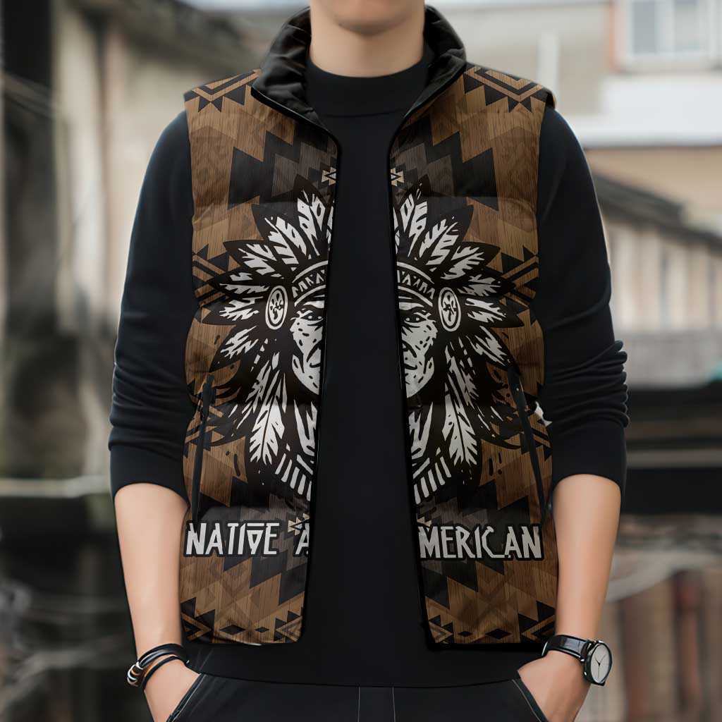 Native American Chief Warrior Sleeveless Puffer Jacket Feather Headdress and Horse Tribal Arrow Pattern - Wonder Print Shop