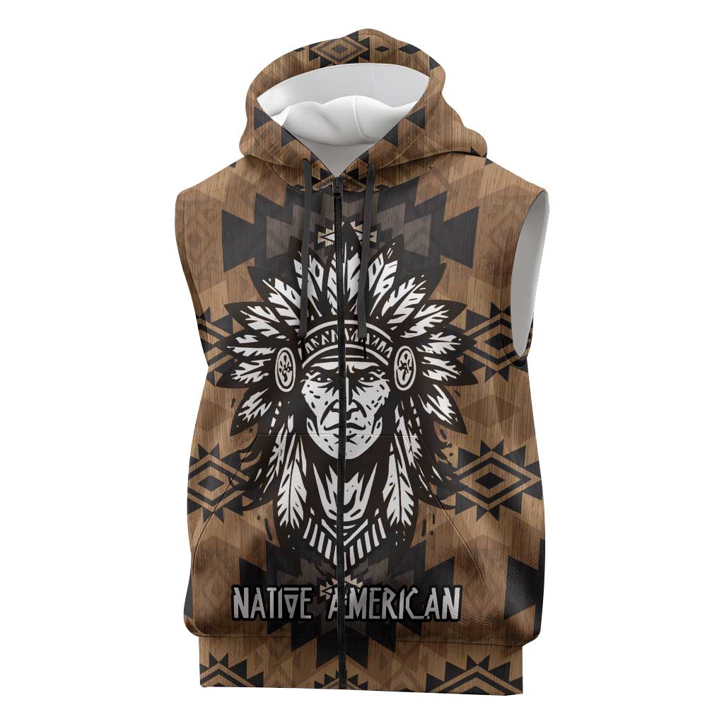 Native American Chief Warrior Sleeveless Zip Hoodie Feather Headdress and Horse Tribal Arrow Pattern - Wonder Print Shop