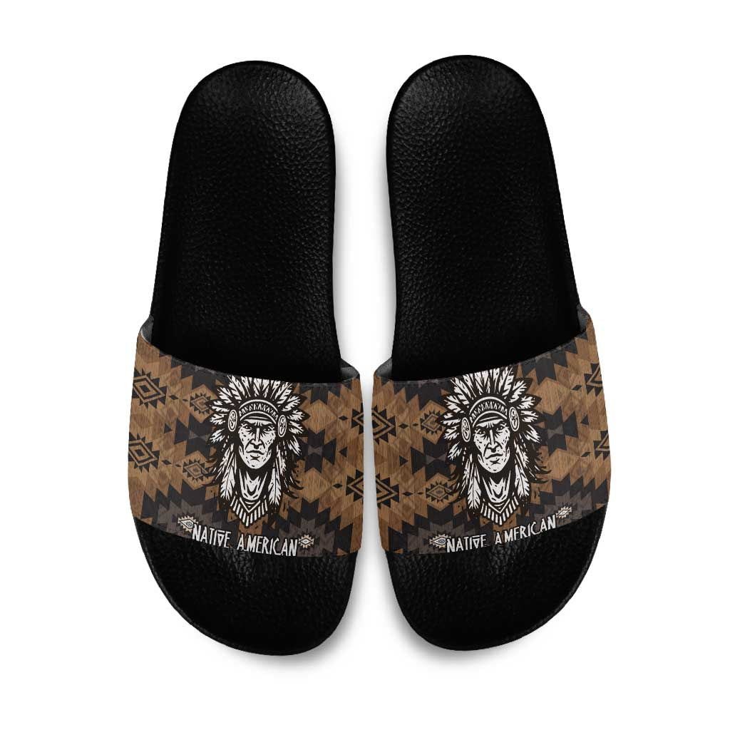 Native American Chief Warrior Slide Sandals Feather Headdress and Horse Tribal Arrow Pattern - Wonder Print Shop