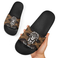 Native American Chief Warrior Slide Sandals Feather Headdress and Horse Tribal Arrow Pattern - Wonder Print Shop