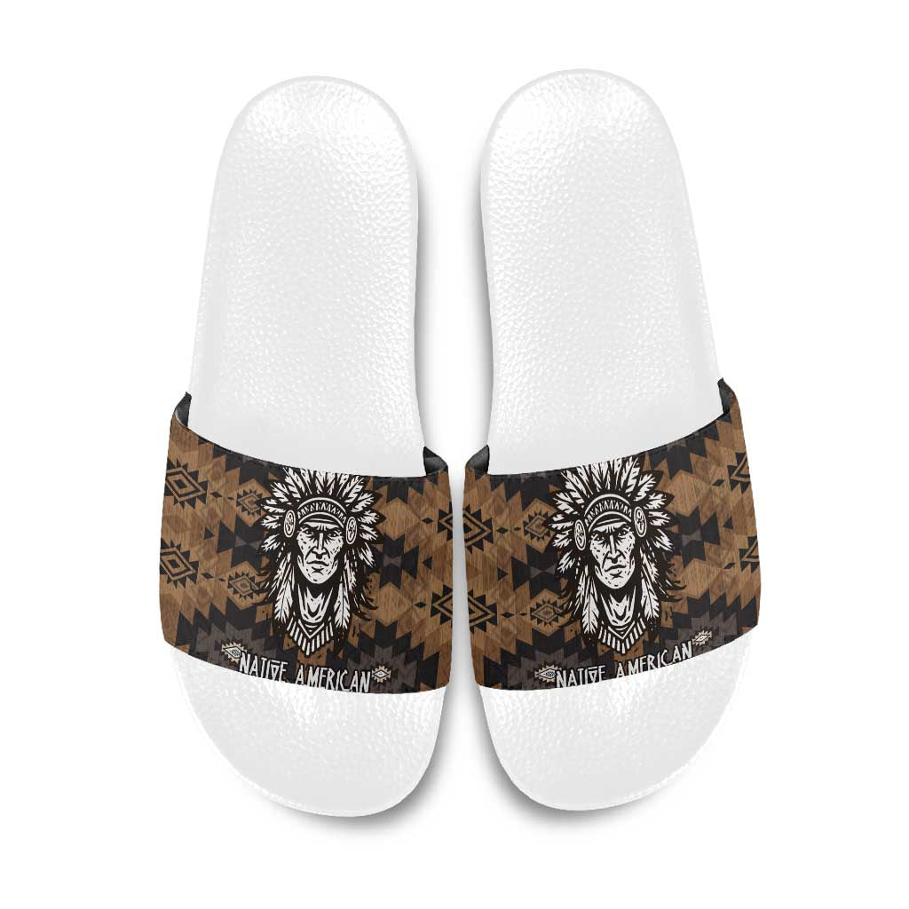 Native American Chief Warrior Slide Sandals Feather Headdress and Horse Tribal Arrow Pattern - Wonder Print Shop