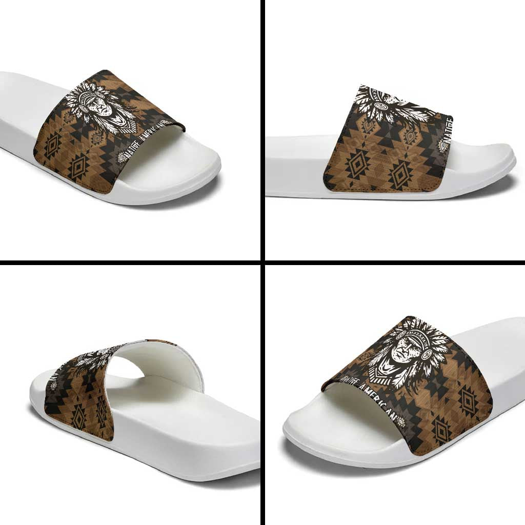 Native American Chief Warrior Slide Sandals Feather Headdress and Horse Tribal Arrow Pattern - Wonder Print Shop
