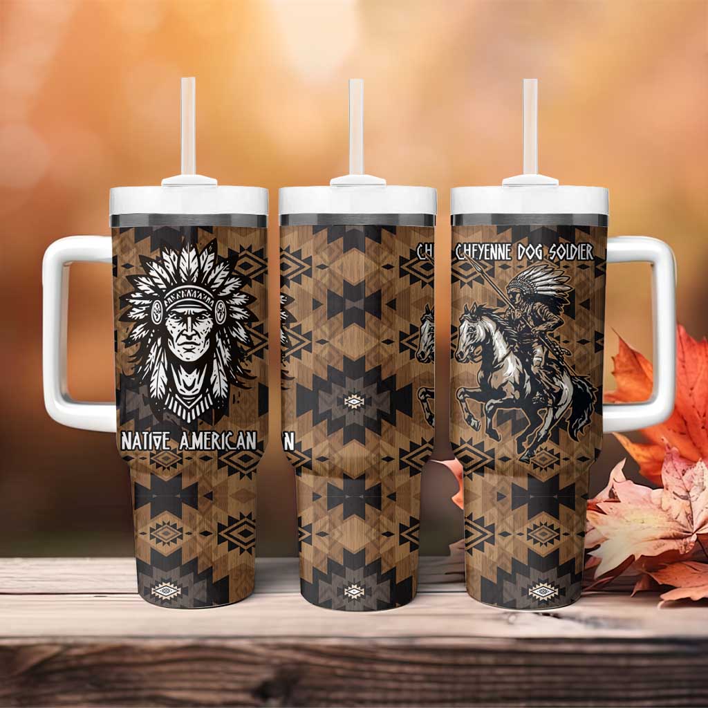 Native American Chief Warrior Tumbler With Handle Feather Headdress and Horse Tribal Arrow Pattern - Wonder Print Shop