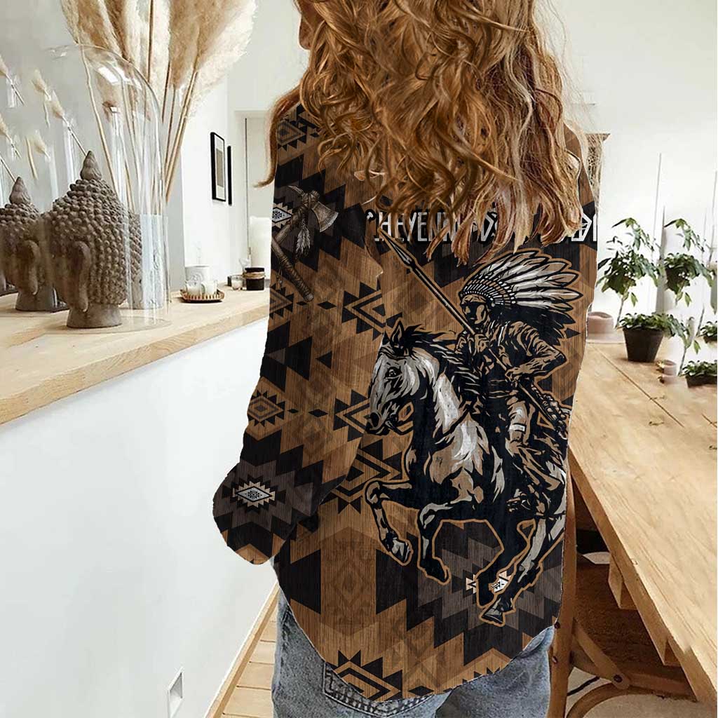 Native American Chief Warrior Women Casual Shirt Feather Headdress and Horse Tribal Arrow Pattern - Wonder Print Shop