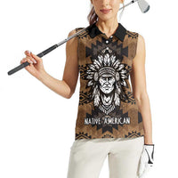 Native American Chief Warrior Women Sleeveless Polo Shirt Feather Headdress and Horse Tribal Arrow Pattern - Wonder Print Shop