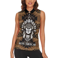 Native American Chief Warrior Women Sleeveless Polo Shirt Feather Headdress and Horse Tribal Arrow Pattern - Wonder Print Shop