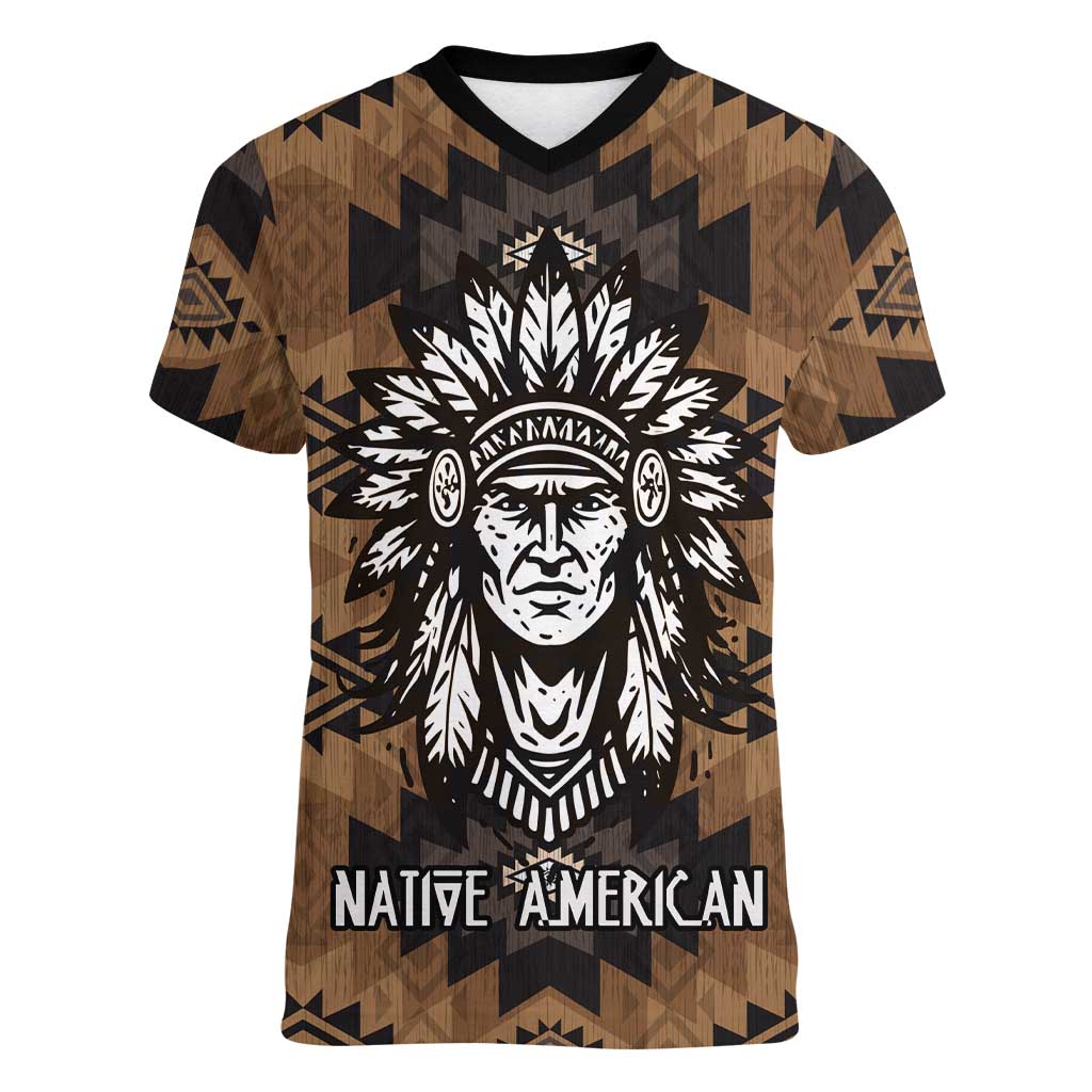 Native American Chief Warrior Women V-Neck T-Shirt Feather Headdress and Horse Tribal Arrow Pattern - Wonder Print Shop