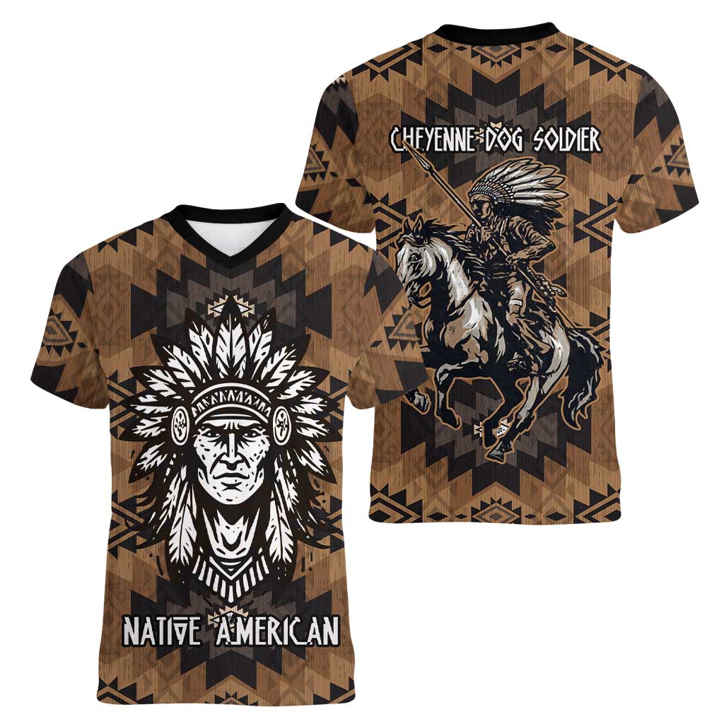 Native American Chief Warrior Women V-Neck T-Shirt Feather Headdress and Horse Tribal Arrow Pattern - Wonder Print Shop