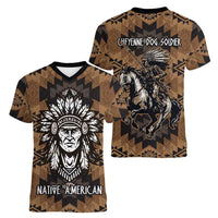 Native American Chief Warrior Women V-Neck T-Shirt Feather Headdress and Horse Tribal Arrow Pattern - Wonder Print Shop