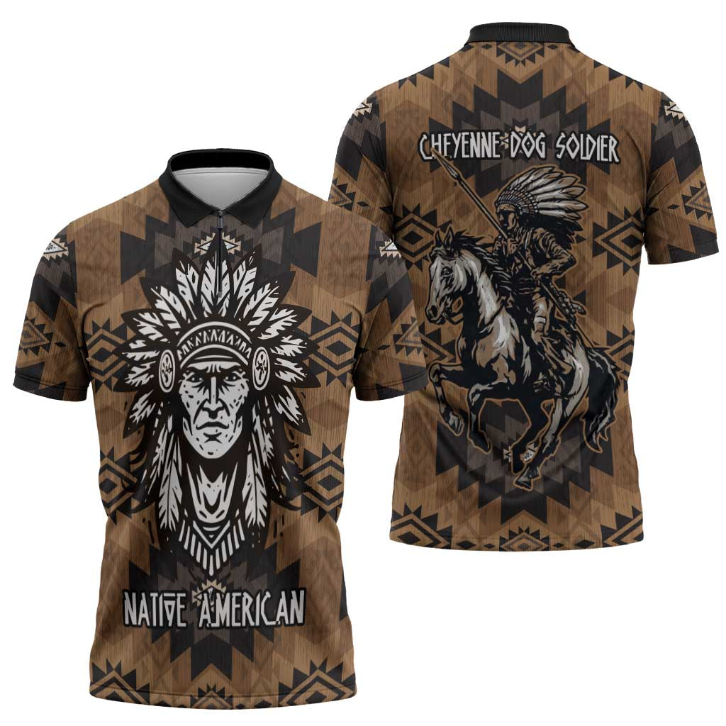Native American Chief Warrior Zipper Polo Shirt Feather Headdress and Horse Tribal Arrow Pattern - Wonder Print Shop