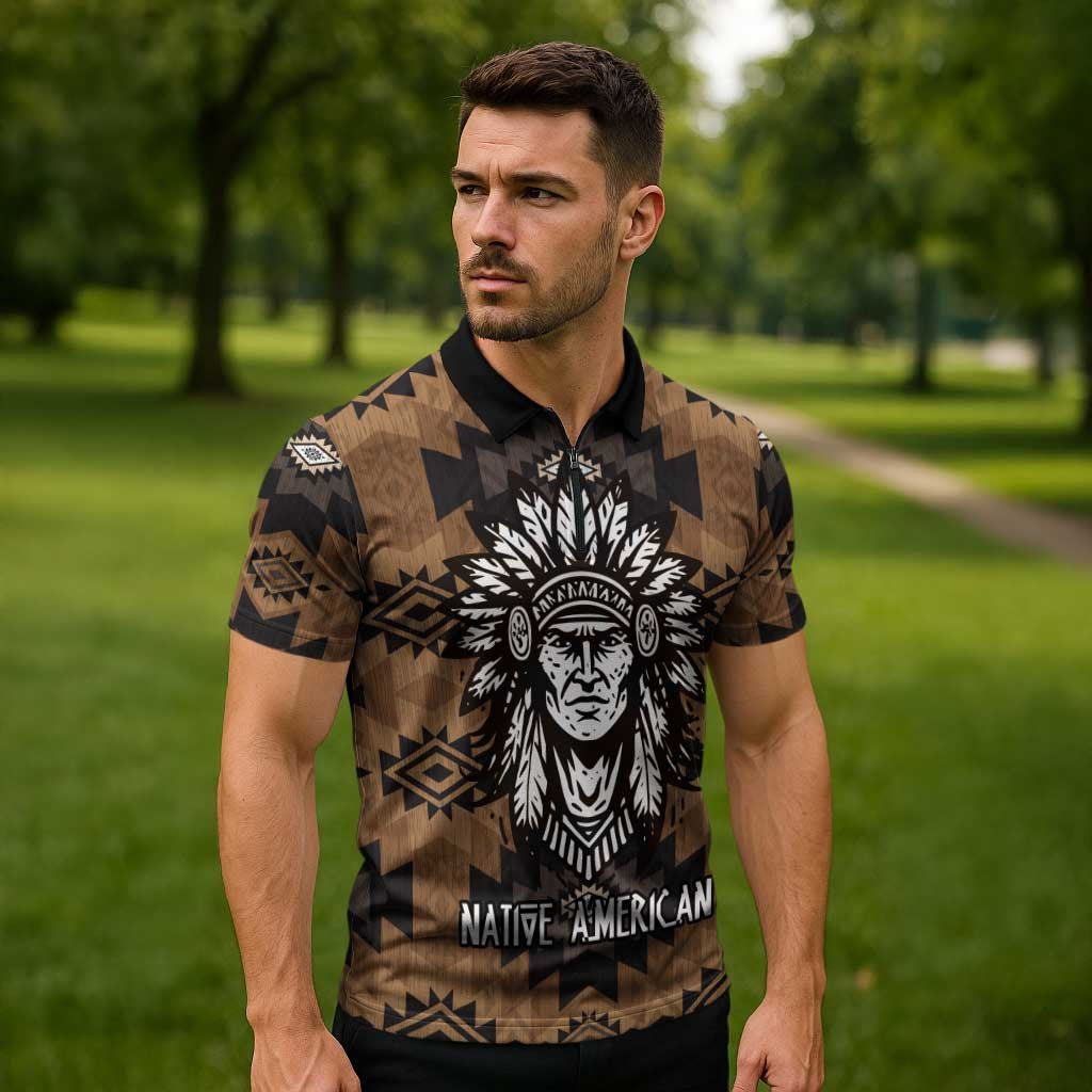 Native American Chief Warrior Zipper Polo Shirt Feather Headdress and Horse Tribal Arrow Pattern - Wonder Print Shop