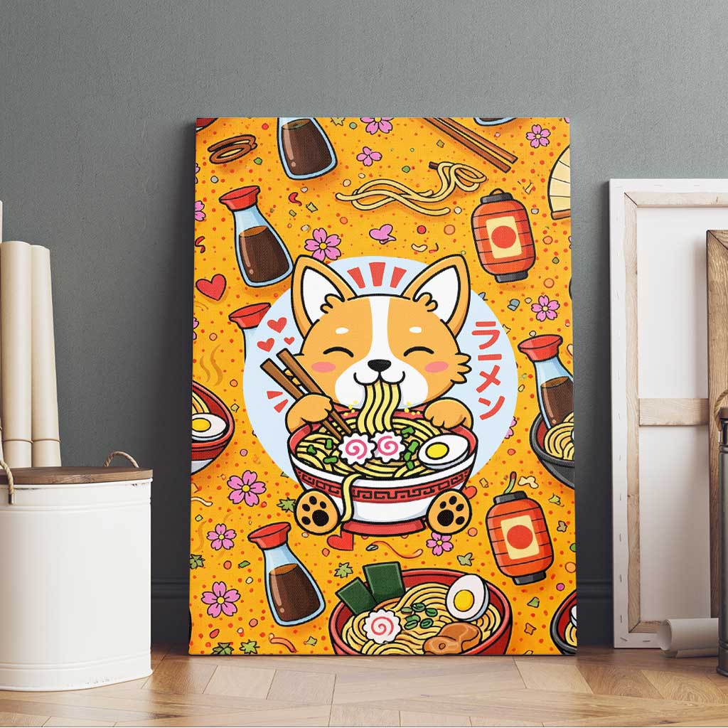 Kawaii Ramen Cute Anime Dog Corgi Canvas Wall Art Japanese Noodles