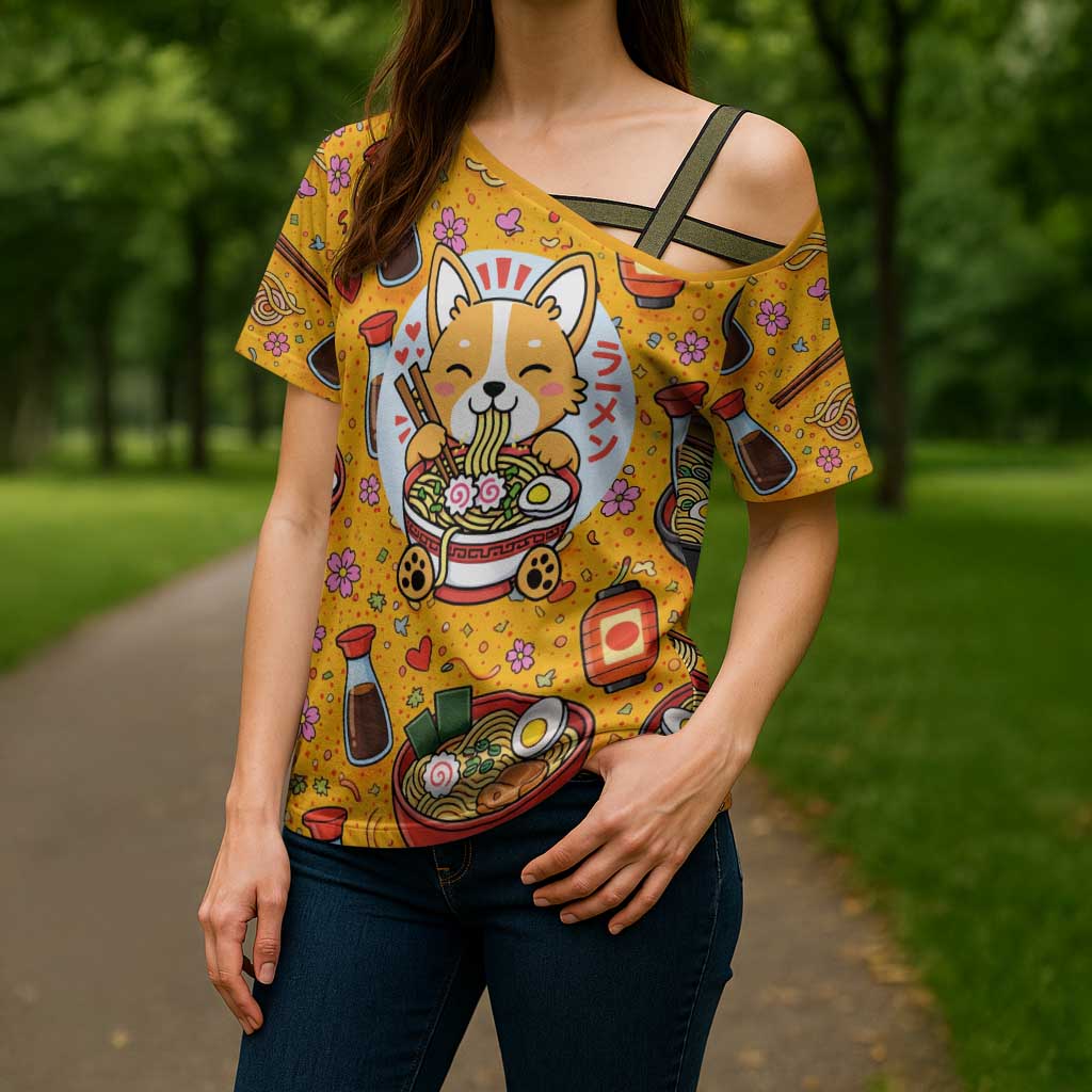 Kawaii Ramen Cute Anime Dog Corgi Cross Shoulder Shirt Japanese Noodles