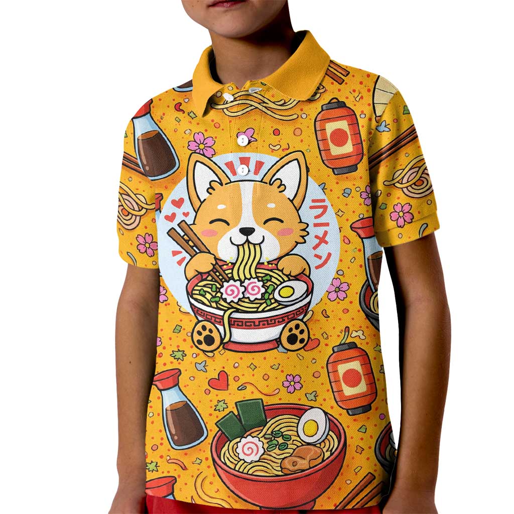 Kawaii Ramen Cute Anime Dog Corgi Kid Polo Shirt Japanese Noodles