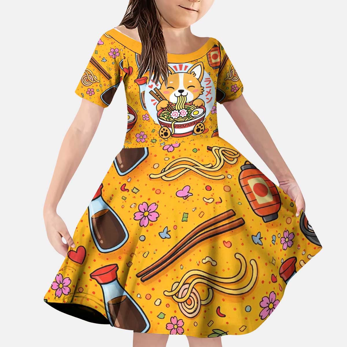 Kawaii Ramen Cute Anime Dog Corgi Kid Short Sleeve Dress Japanese Noodles