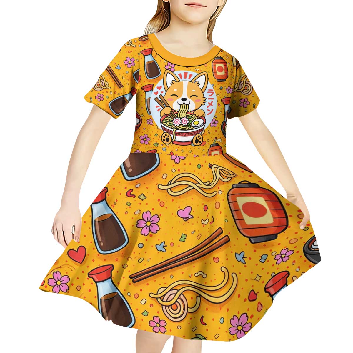 Kawaii Ramen Cute Anime Dog Corgi Kid Short Sleeve Dress Japanese Noodles
