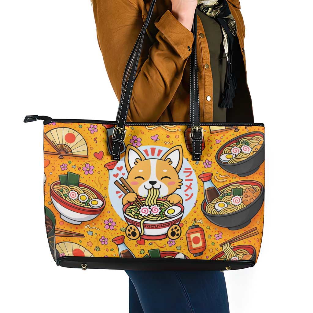 Kawaii Ramen Cute Anime Dog Corgi Leather Tote Bag Japanese Noodles
