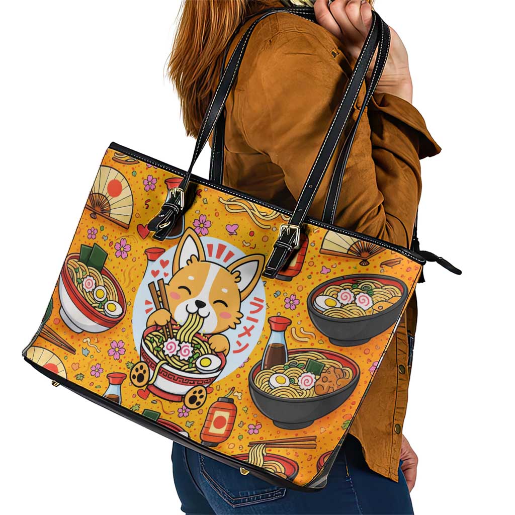 Kawaii Ramen Cute Anime Dog Corgi Leather Tote Bag Japanese Noodles