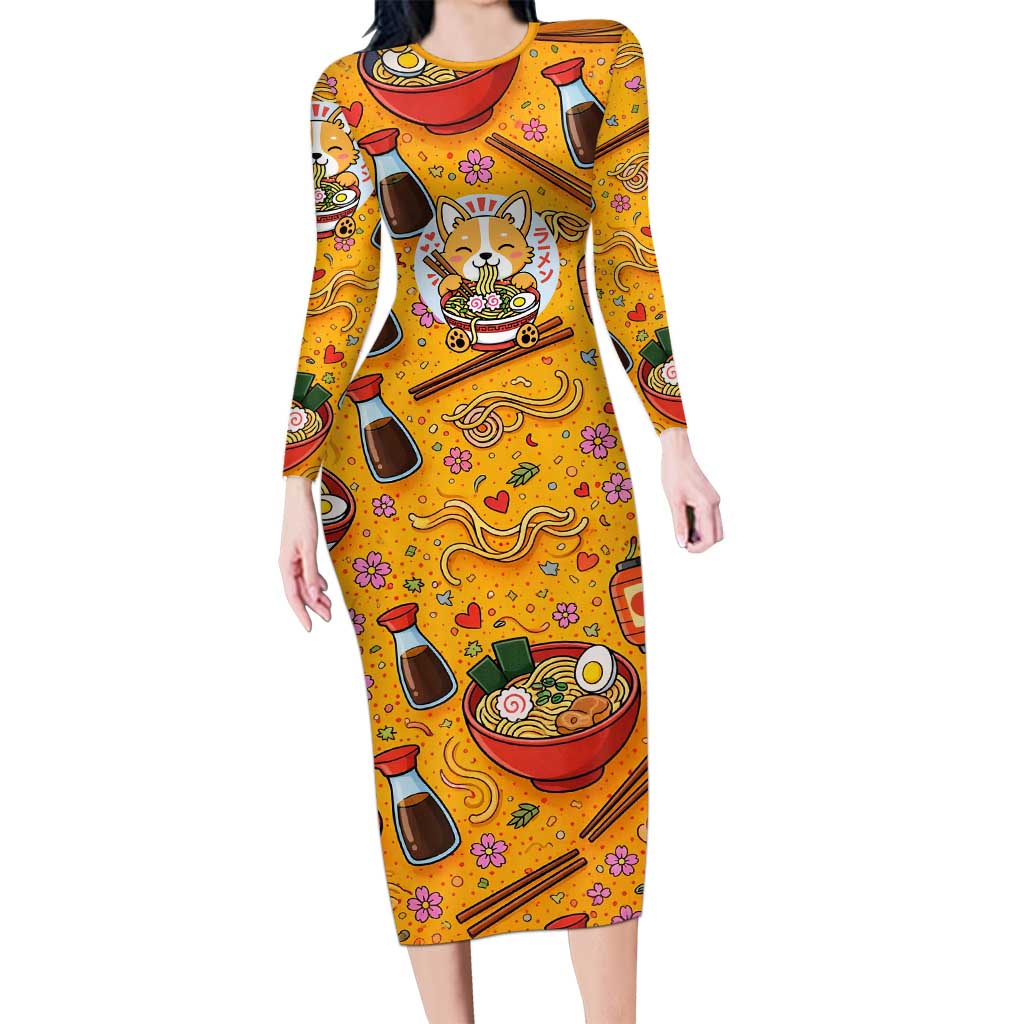 Kawaii Ramen Cute Anime Dog Corgi Long Sleeve Bodycon Dress Japanese Noodles