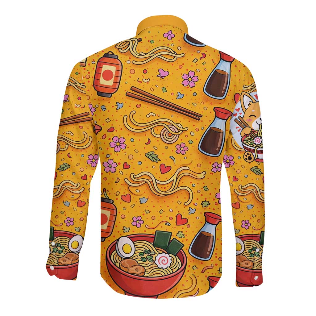 Kawaii Ramen Cute Anime Dog Corgi Long Sleeve Button Shirt Japanese Noodles