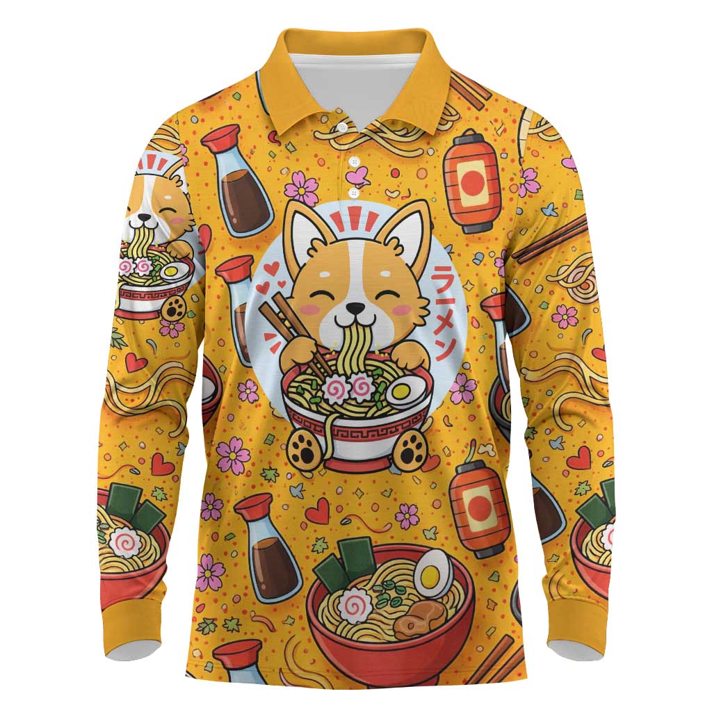 Kawaii Ramen Cute Anime Dog Corgi Long Sleeve Polo Shirt Japanese Noodles