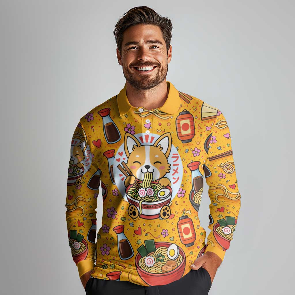 Kawaii Ramen Cute Anime Dog Corgi Long Sleeve Polo Shirt Japanese Noodles