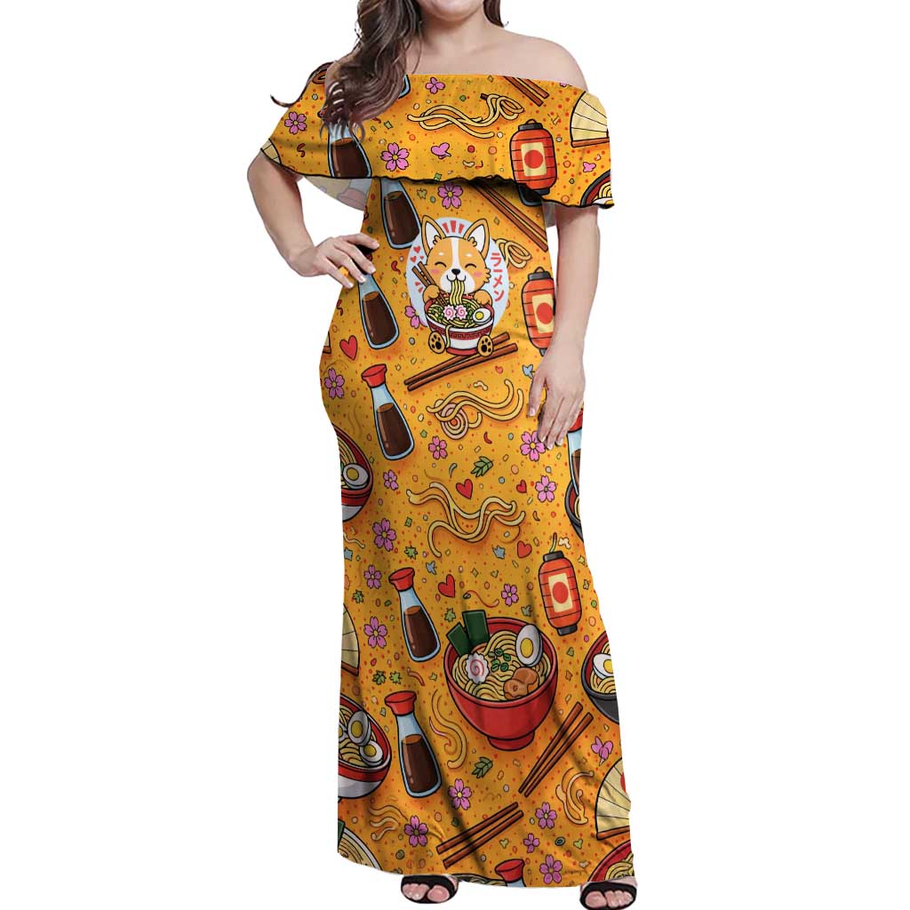 Kawaii Ramen Cute Anime Dog Corgi Off Shoulder Maxi Dress Japanese Noodles