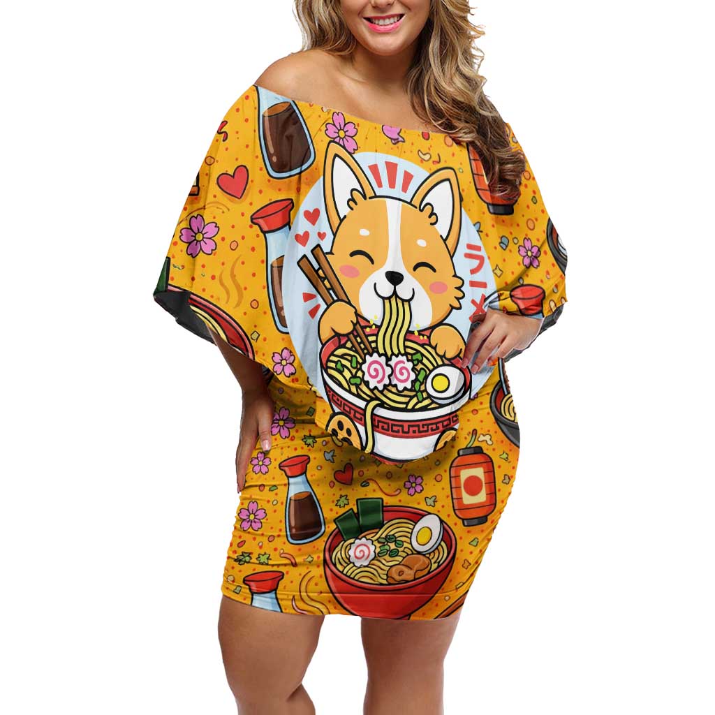 Kawaii Ramen Cute Anime Dog Corgi Off Shoulder Short Dress Japanese Noodles