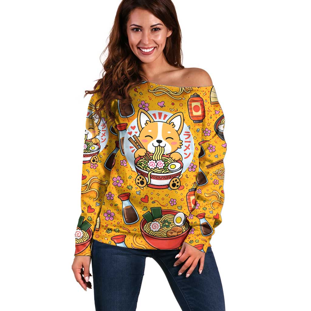 Kawaii Ramen Cute Anime Dog Corgi Off Shoulder Sweater Japanese Noodles