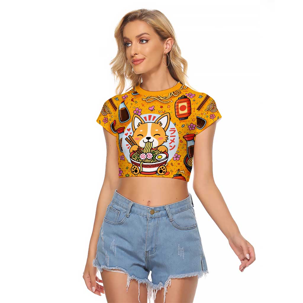 Kawaii Ramen Cute Anime Dog Corgi Raglan Cropped T Shirt Japanese Noodles