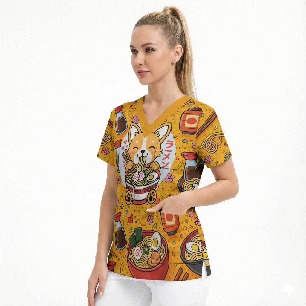 Kawaii Ramen Cute Anime Dog Corgi Scrub Top Japanese Noodles