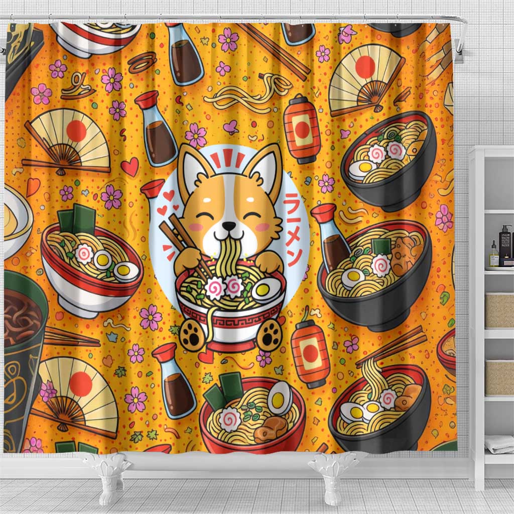 Kawaii Ramen Cute Anime Dog Corgi Shower Curtain Japanese Noodles