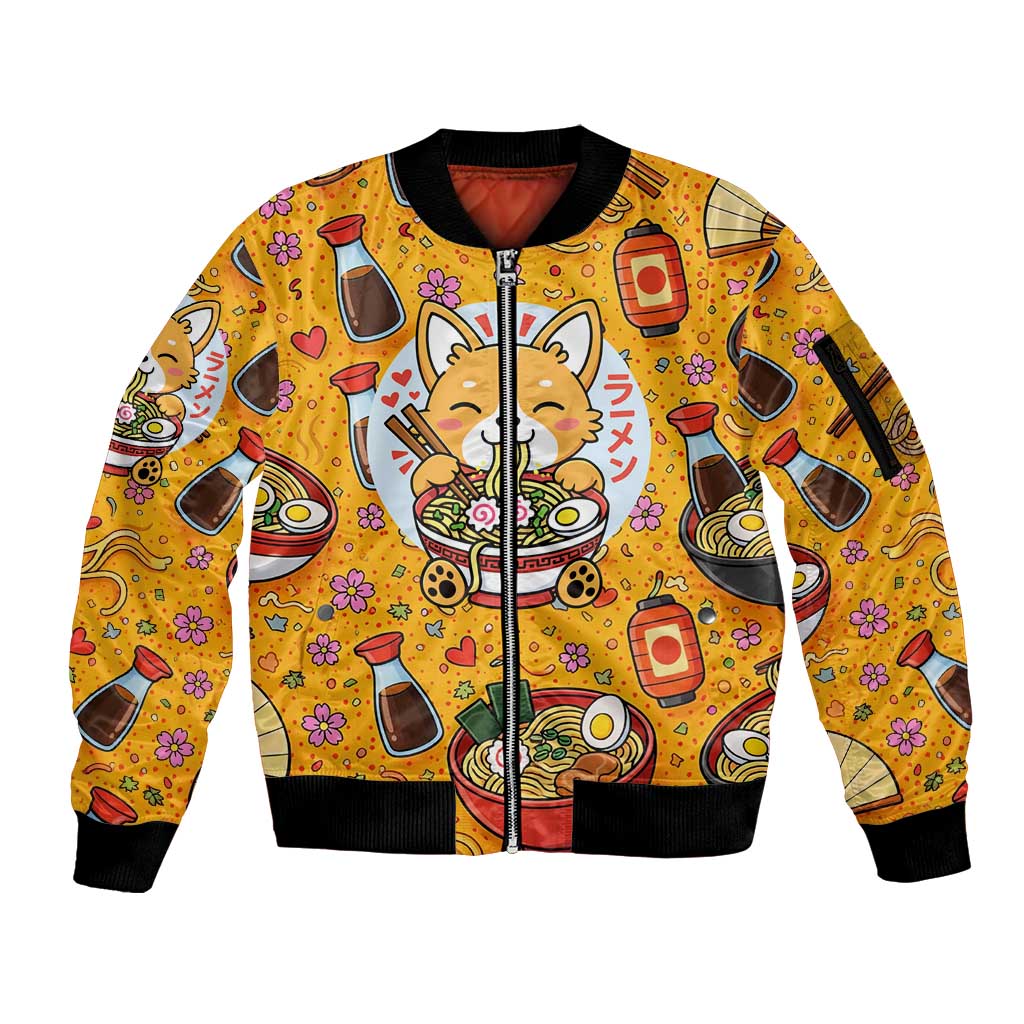 Kawaii Ramen Cute Anime Dog Corgi Sleeve Zip Bomber Jacket Japanese Noodles