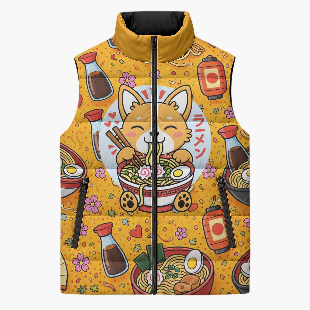 Kawaii Ramen Cute Anime Dog Corgi Sleeveless Puffer Jacket Japanese Noodles