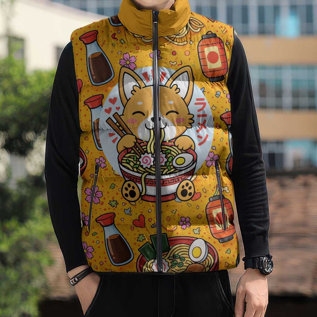 Kawaii Ramen Cute Anime Dog Corgi Sleeveless Puffer Jacket Japanese Noodles