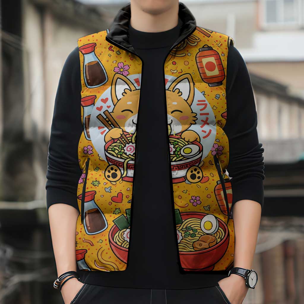 Kawaii Ramen Cute Anime Dog Corgi Sleeveless Puffer Jacket Japanese Noodles