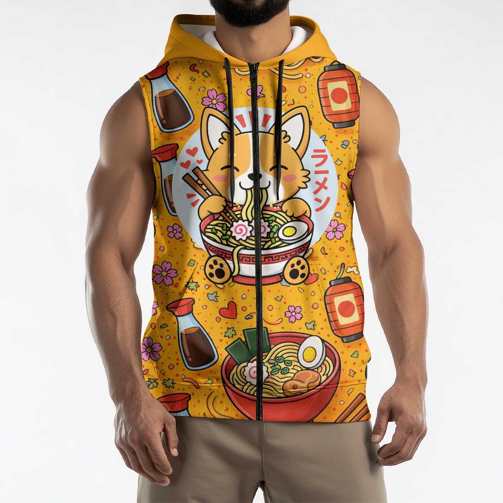 Kawaii Ramen Cute Anime Dog Corgi Sleeveless Zip Hoodie Japanese Noodles