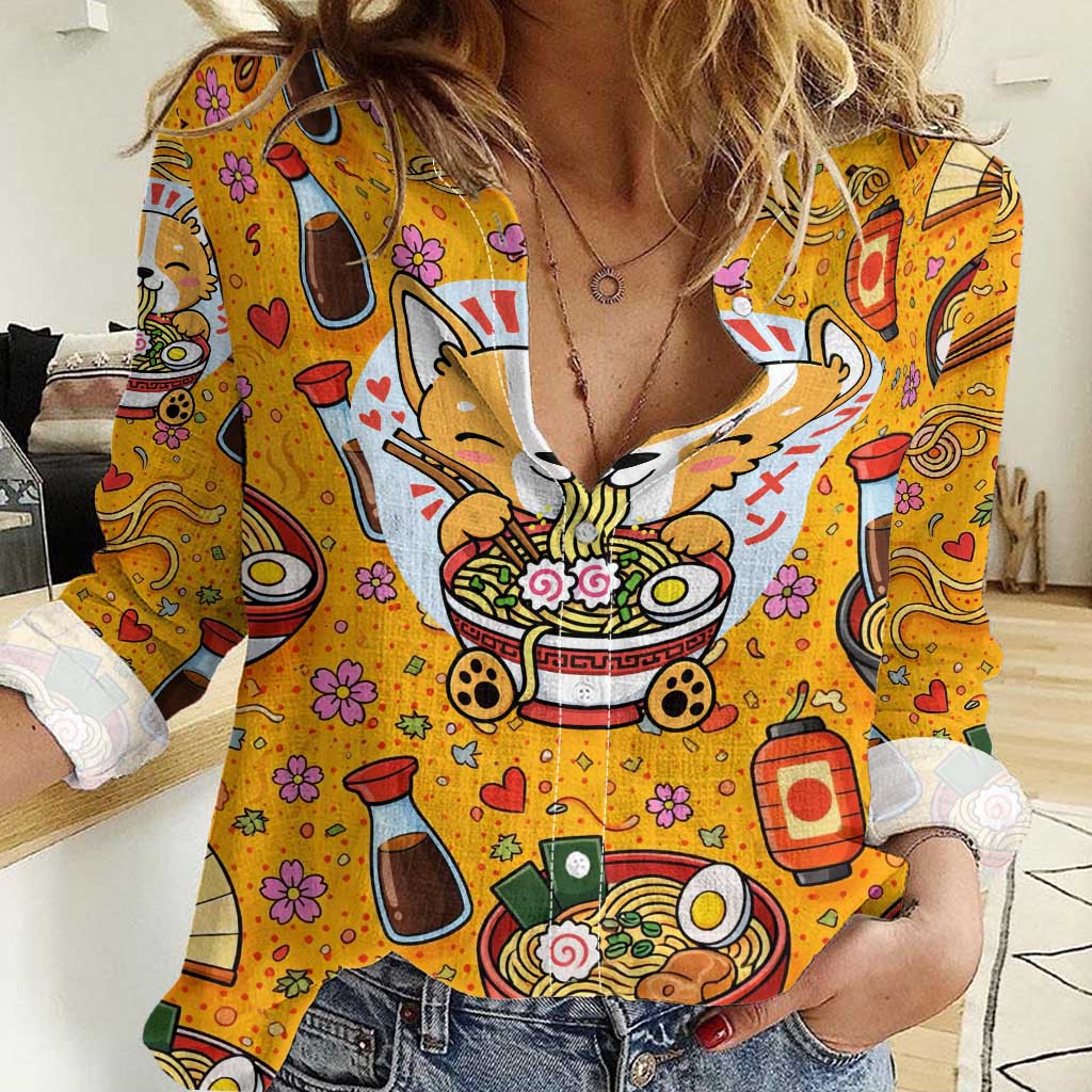 Kawaii Ramen Cute Anime Dog Corgi Women Casual Shirt Japanese Noodles