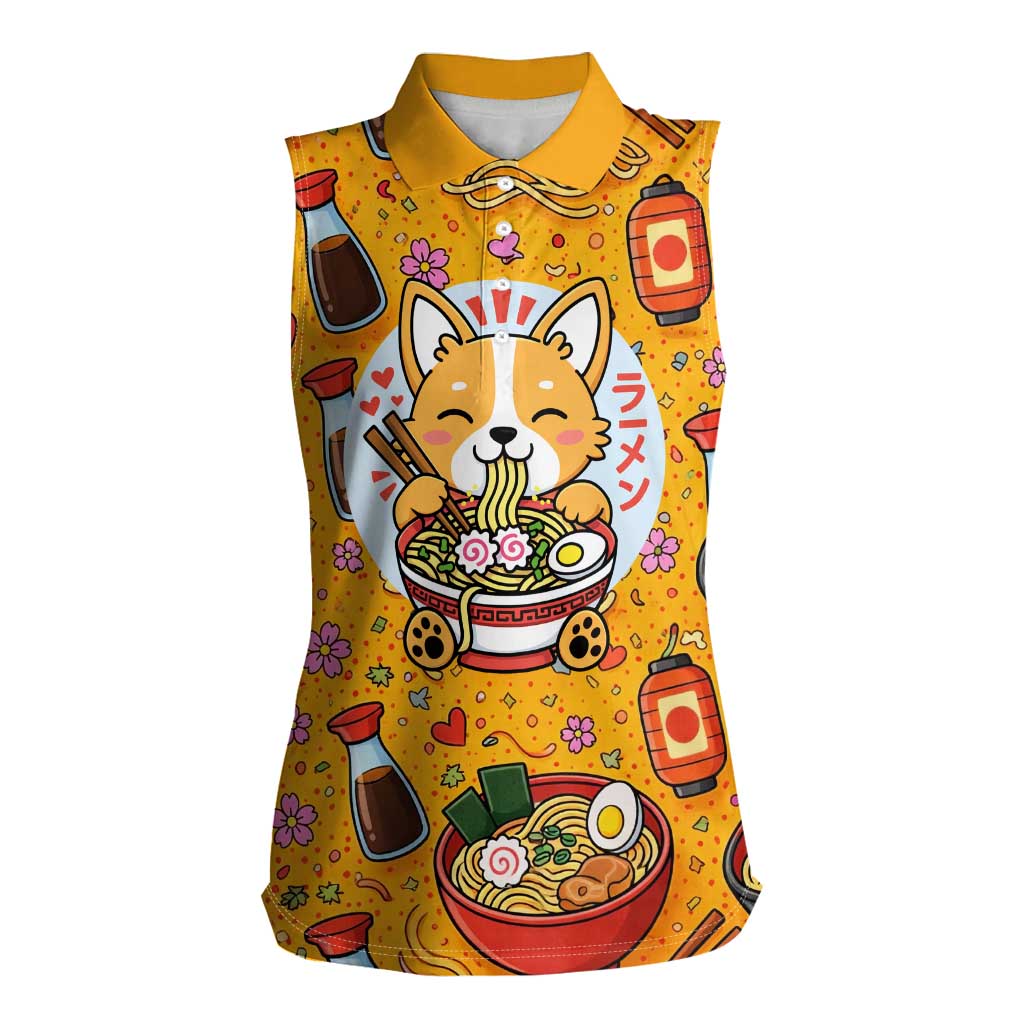Kawaii Ramen Cute Anime Dog Corgi Women Sleeveless Polo Shirt Japanese Noodles